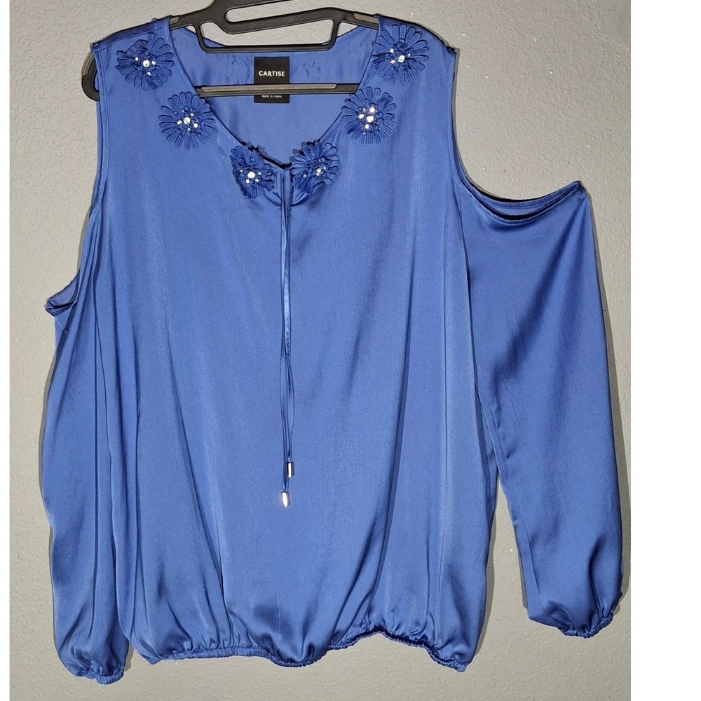 Cartise Women Blue Cold Shoulder Floral Applique Blouse Top Size 16